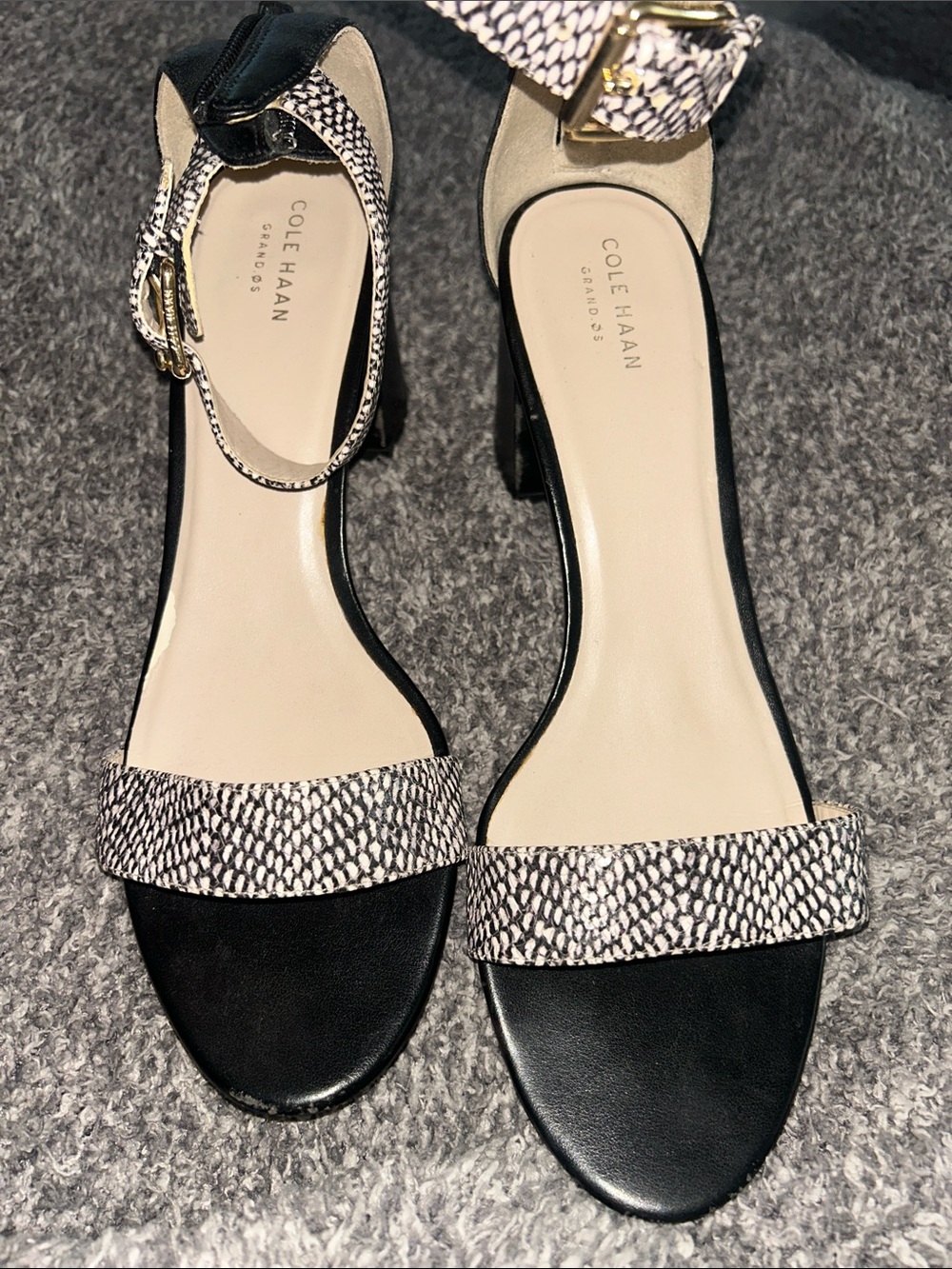 Cole Haan Black and White Textured Ankle-Strap Block Heels